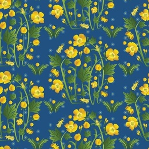 Yellow buttercup bouquet / blue background / floral