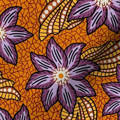 African clematis flower pattern - wax african inspired floral - orange and purple