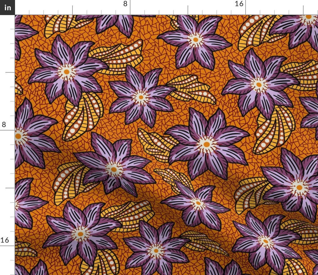 African clematis flower pattern - wax african inspired floral - orange and purple