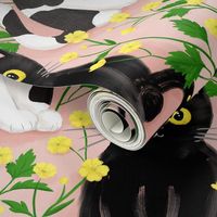 Buttercup flowers and cats, cat fabric wallpaper large scale