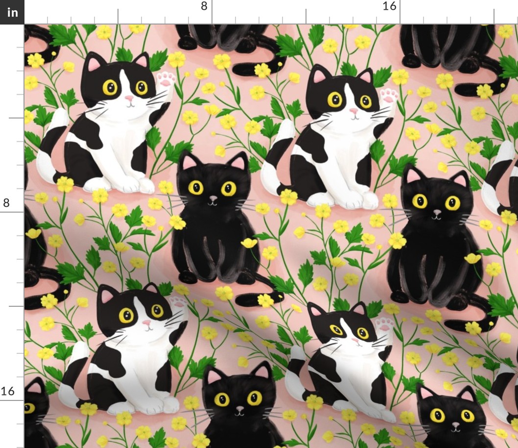 Buttercup flowers and cats, cat fabric wallpaper large scale