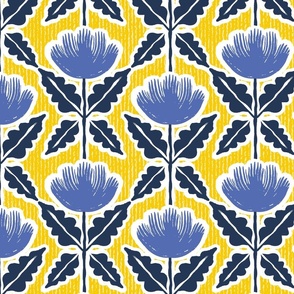 Sunny Floral Buttercups - Blue and Navy on Yellow Stripe - Large