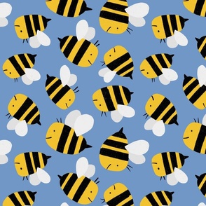 Cute Chunky Smiling Bumble Bees Flying on a Blue Background  - shw1049 a - large scale