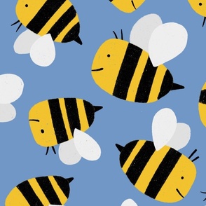 Cute Chunky Smiling Bumble Bees Flying on a Blue Background  - shw1049 a - giant scale
