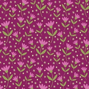 Cute Pink Flowers with Leaves, Stars and Tiny Dots on Magenta  - shw1050 a - medium scale