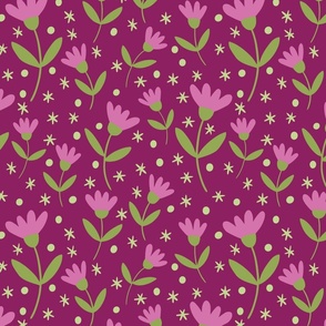 Cute Pink Flowers with Leaves, Stars and Tiny Dots on Magenta  - shw1050 a - large scale