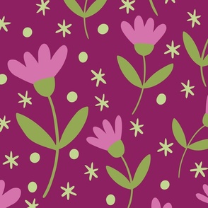 Cute Pink Flowers with Leaves, Stars and Tiny Dots on Magenta  - shw1050 a - giant scale