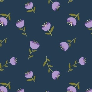 Cute Purple Cup Shaped Flowers Tossed on Navy Blue  - shw1051 a - medium scale