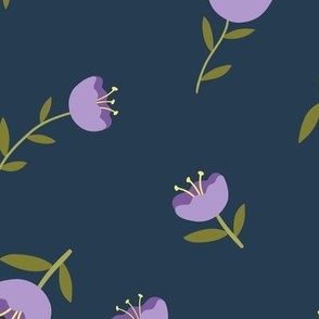 Cute Purple Cup Shaped Flowers Tossed on Navy Blue  - shw1051 a - large scale