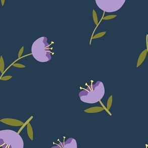 Cute Purple Cup Shaped Flowers Tossed on Navy Blue  - shw1051 a - giant scale