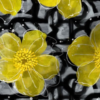 Buttercups and abstract lines 12in