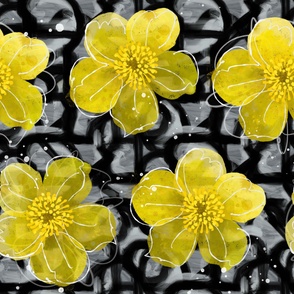 Buttercups and abstract lines 48in