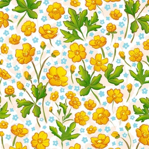 Floral pattern with hand drawn pencil yellow Buttercup flowers