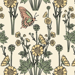 Vintage Buttercup and Butterfly Handdrawn
