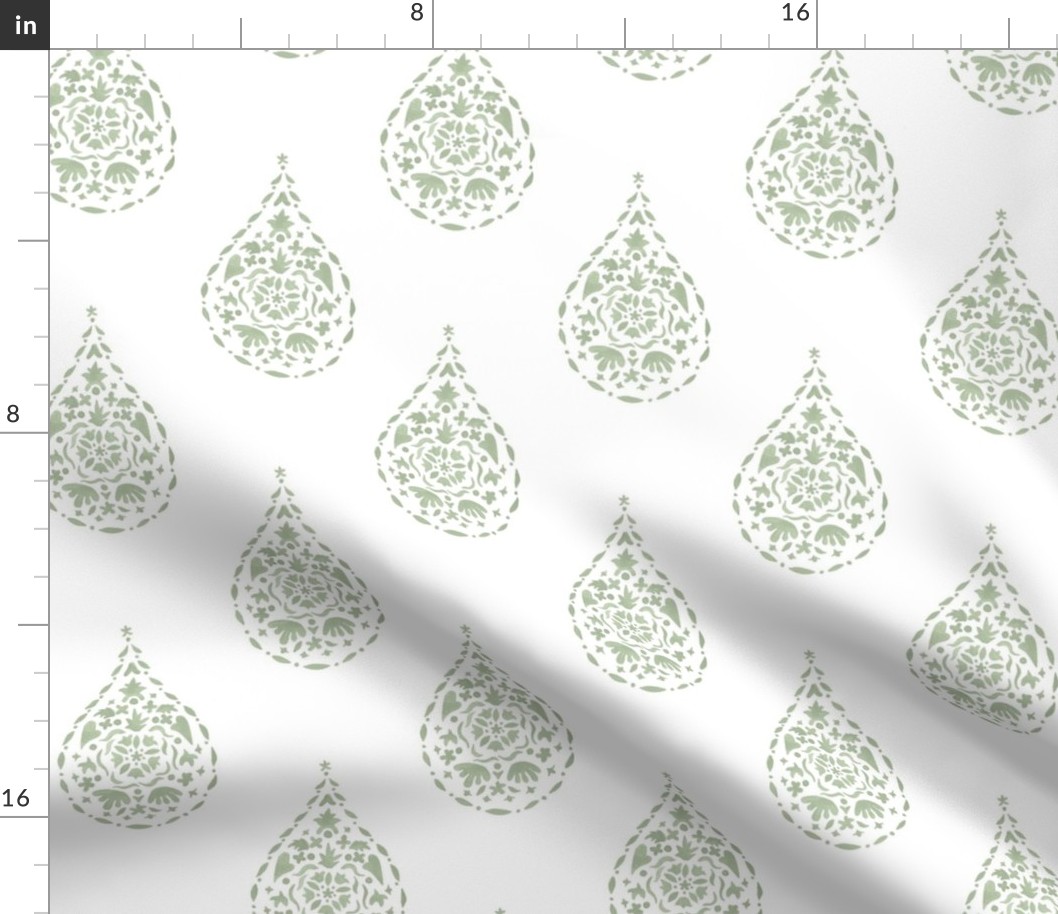 Quiet Green ON White TEARDROP PAISLEY copy