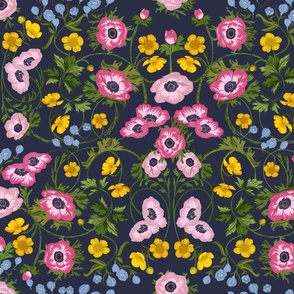 Bright Vintage Anemones, Delphinium  & Buttercups  Arts and Crafts Scroll Style; Pink, Purple, Lilac, Yellow Green on Navy