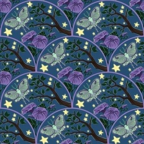 Night Luna Moth & Moonflower on dark blue (medium pattern)