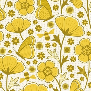 Retro Buttercups, Bees and Butterflies in yellow and gold