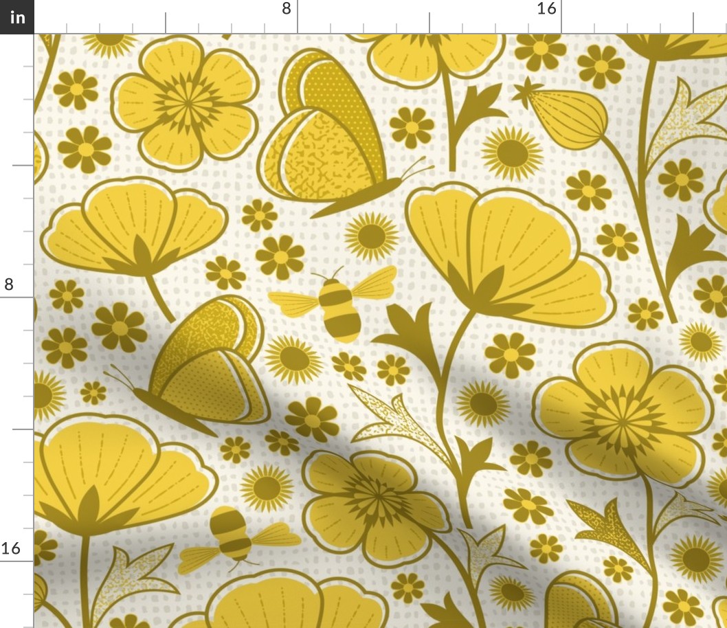 Retro Buttercups, Bees and Butterflies in yellow and gold