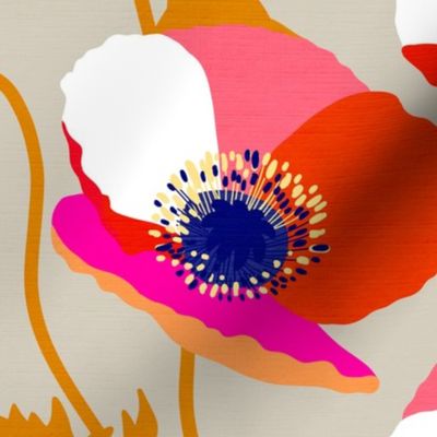 (L) Wild floral Poppies Bold and colourful on neutral 1. Tan #wildflowers #poppies #abstractfloral