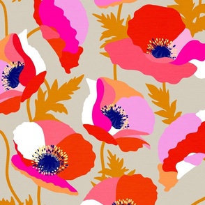 (L) Wild floral Poppies Bold and colourful on neutral 1. Tan #wildflowers #poppies #abstractfloral