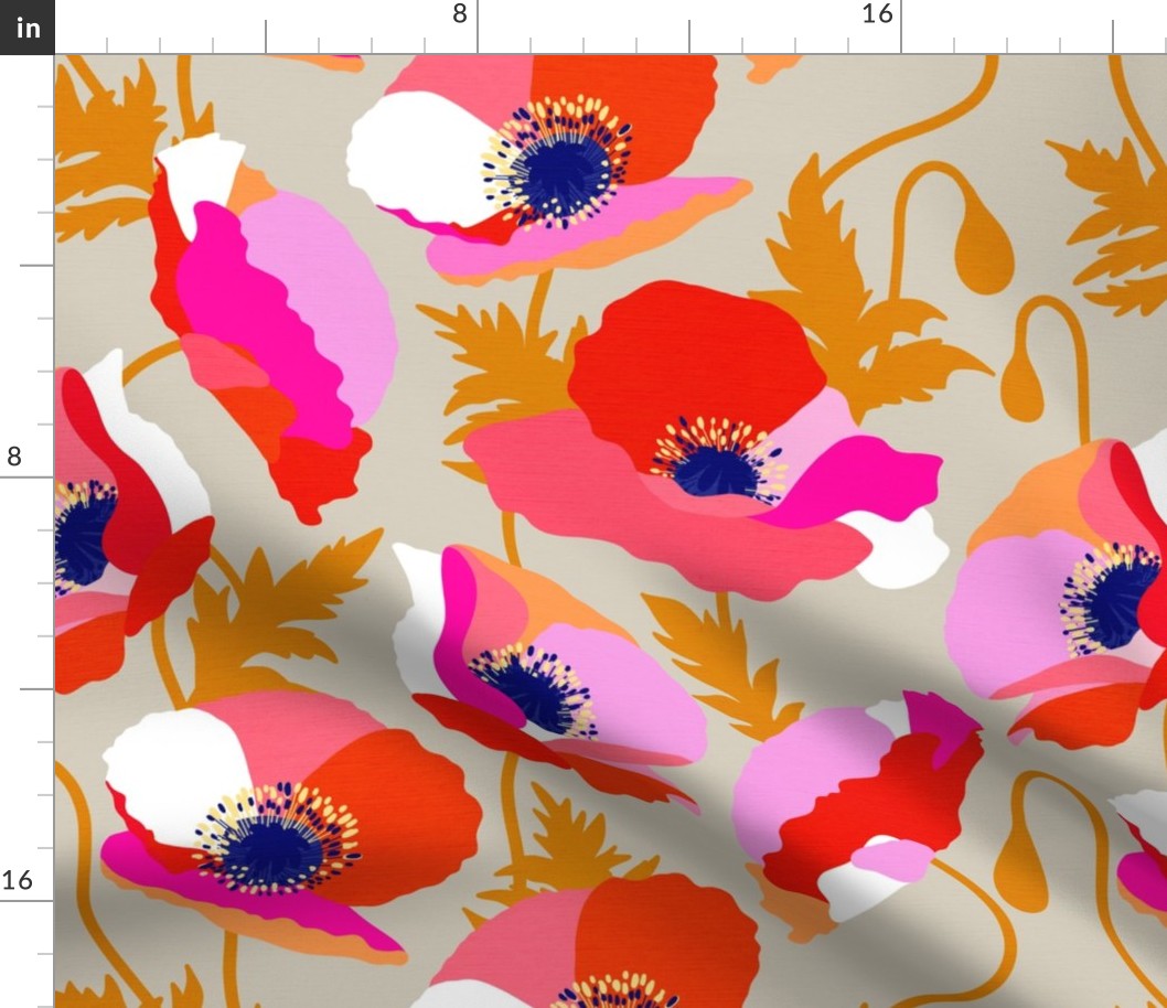 (M) Wild floral Poppies Bold and colourful on neutral 1. Tan #wildflowers #poppies #abstractfloral