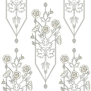 Buttercup art noveau art deco wallpaper or fabric. Classical vertical flower pattern.white background.