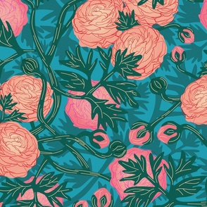 Persian Buttercups - peach and pink on blue/ green; dark leaves on bright teal blue flower buds | vibrant floral trellis