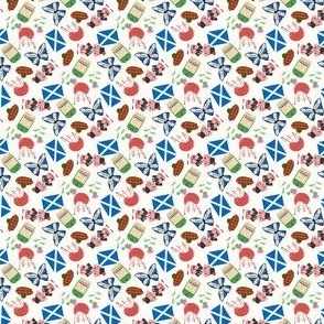 MICRO Scotland fabric - travel, edinburgh, flag, bagpipes, - white 2in