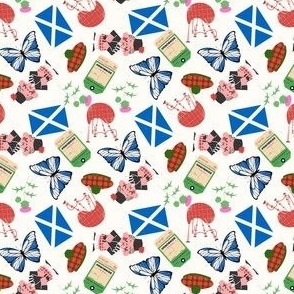 MINI Scotland fabric - travel, edinburgh, flag, bagpipes, - white 4in