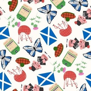 MEDIUM Scotland fabric - travel, edinburgh, flag, bagpipes, - white 8in