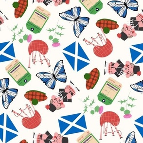 Large Scotland fabric - travel, edinburgh, flag, bagpipes, - white 10in