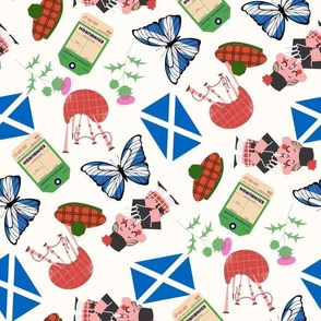 XLARGE Scotland fabric - travel, edinburgh, flag, bagpipes, - white 12in