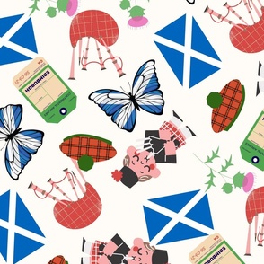 JUMBO Scotland fabric - travel, edinburgh, flag, bagpipes, - white