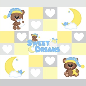 Sleepy Bear Moon Stars Yellow Hearts Baby Nursery Crib Quilt 