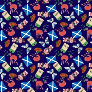 LARGE Scotland fabric - travel, edinburgh, flag, bagpipes, - navy 10in