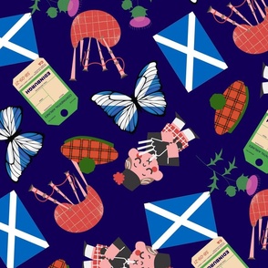 JUMBO Scotland fabric - travel, edinburgh, flag, bagpipes, - navy