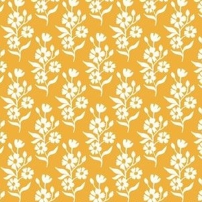 Simple block print style floral with flowers buds and leaves - extra small - Natural white fefdf4 on Sunray yellow e6b452 - damask home decor 