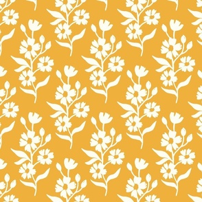 Simple block print style floral with flowers buds and leaves - medium - Natural white fefdf4 on Sunray yellow e6b452 - damask home decor