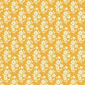 Simple block print style floral with flowers buds and leaves - small - Natural white on Sunray yellow - damask home decor