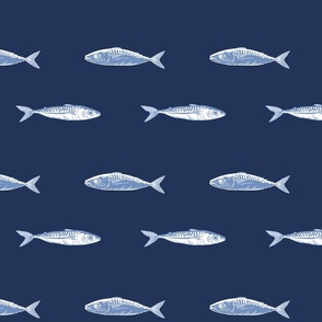  Mediterranean kitchen style block print fish in blue and white (Small) 7x 7