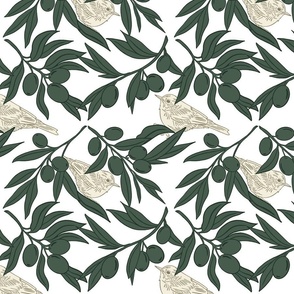 Mediterranean olive branches with green leaves and whimsical birds (Medium) 10.5 x 10.5