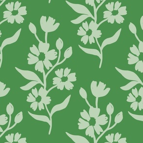 Simple block print style floral with flowers buds and leaves - large - Pastel green c1d3b8 on Kelly Green 5c8d53 - damask home decor