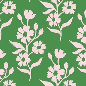 Simple block print style floral with flowers buds and leaves - large - Piglet light pink f2dddd on Kelly Green 5c8d53 - damask home decor