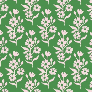 Simple block print style floral with flowers buds and leaves - medium - Piglet light pink f2dddd on Kelly Green 5c8d53 - damask home decor