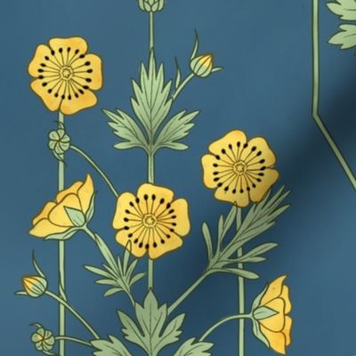 Buttercup art noveau art deco wallpaper or fabric. Classical vertical flower pattern.Blue background.