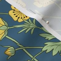 Buttercup art noveau art deco wallpaper or fabric. Classical vertical flower pattern.Blue background.