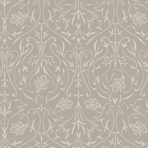 damask 02 - bone beige _ cloudy silver taupe - traditional wallpaper