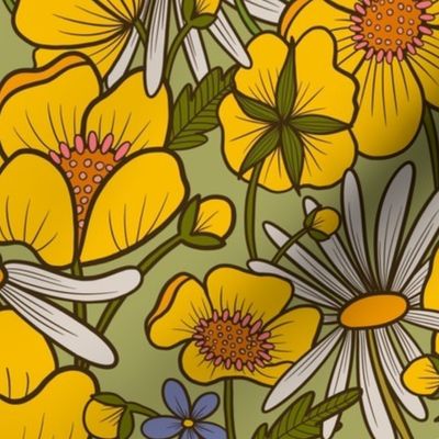 Betty buttercupss daisies and forget me nots floral green