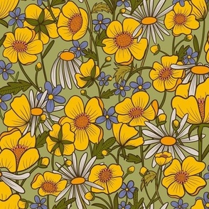 Betty buttercups, daisies, forget me nots floral green